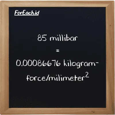 How to convert millibar to kilogram-force/milimeter<sup>2</sup>: 85 millibar (mbar) is equivalent to 85 times 0.000010197 kilogram-force/milimeter<sup>2</sup> (kgf/mm<sup>2</sup>)